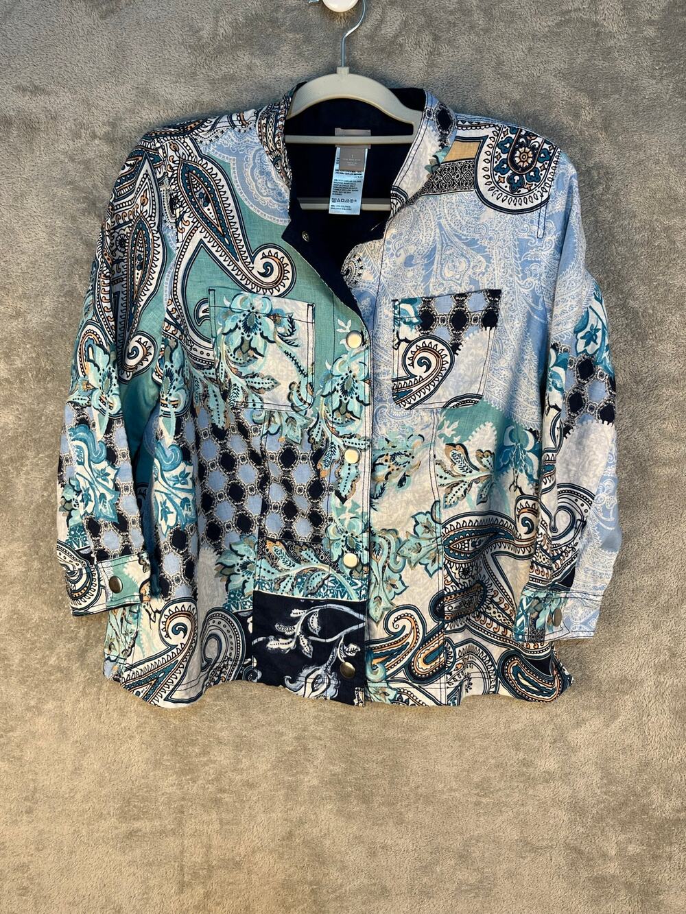 Chico's Linen Jacket Medium Plus Paisley Snap Button Country Club Preppy